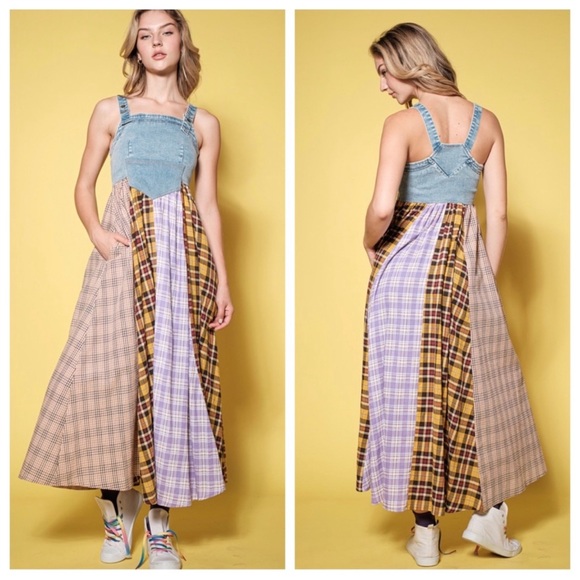 Boho Denim Multi Fabric Pleated Suspender Dress - Picture 1 of 5